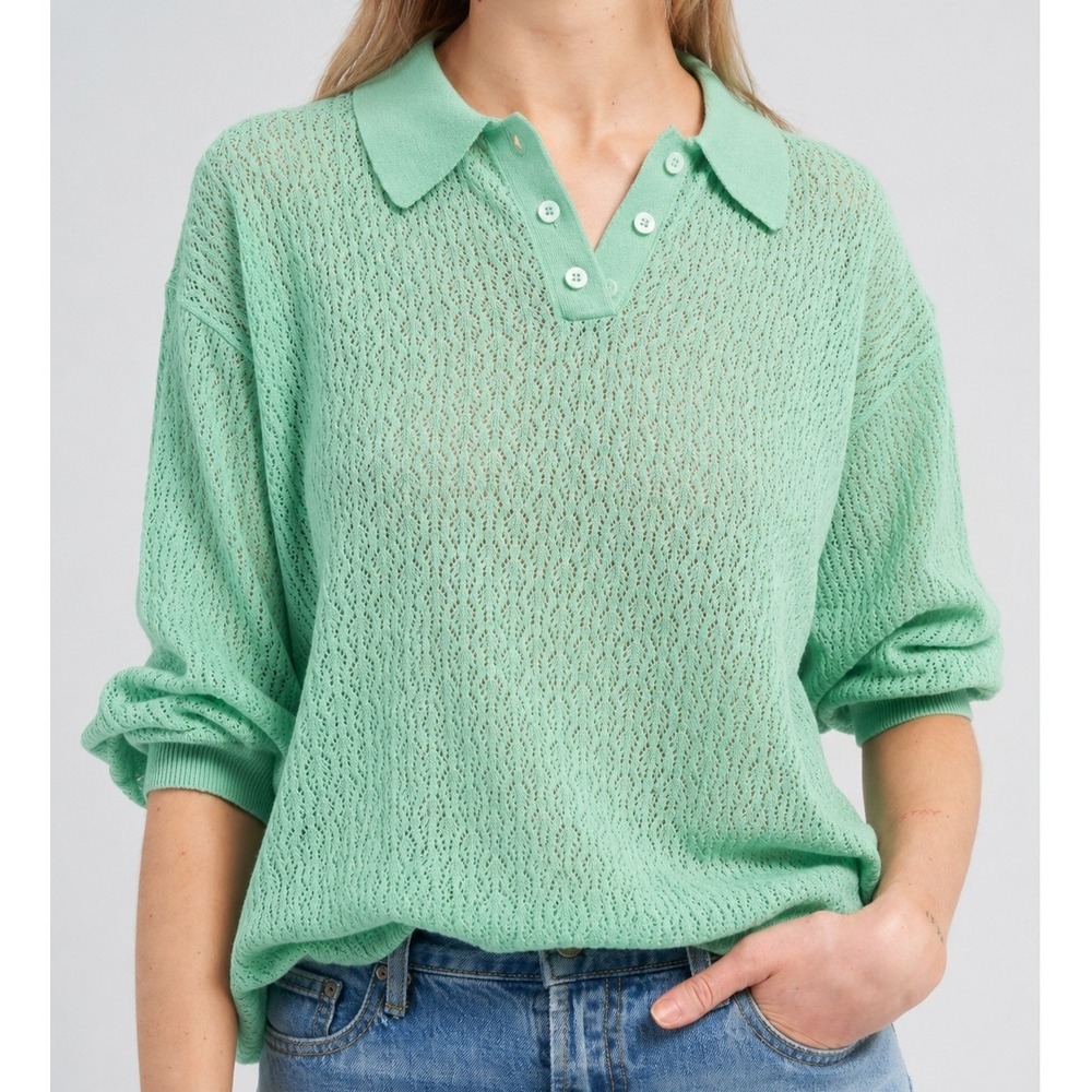 I Love Mr. Mittens Mint Green Lace Polo Crochet Sweater Cotton Size M/L